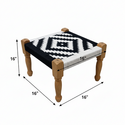 Small table with woven top and wooden legs, shown with dimensions on a white background