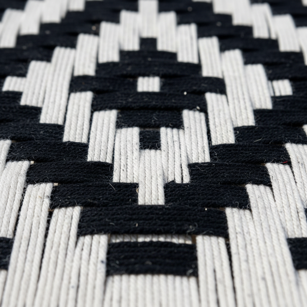 Close-up of a woven pattern with black and white stripes