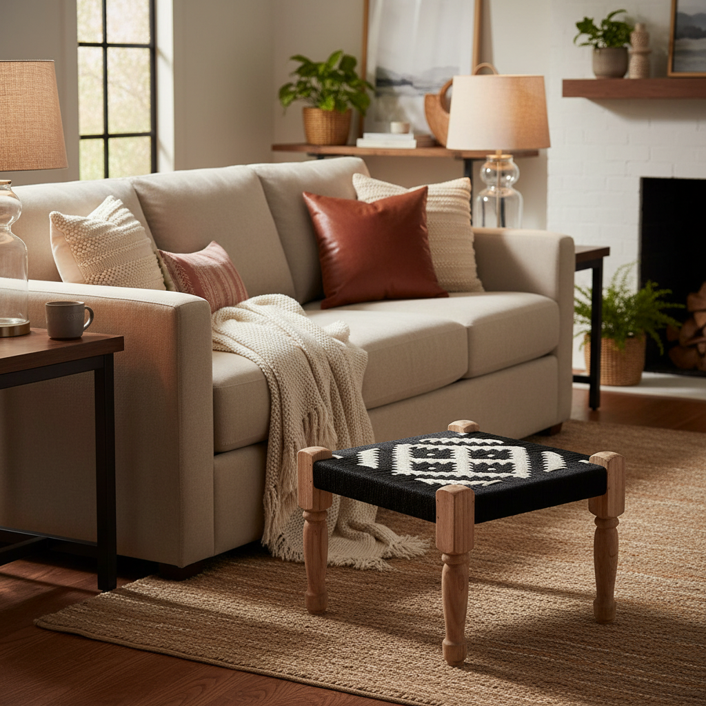 Cozy living room with beige sofa, wooden coffee table, and decorative elements.