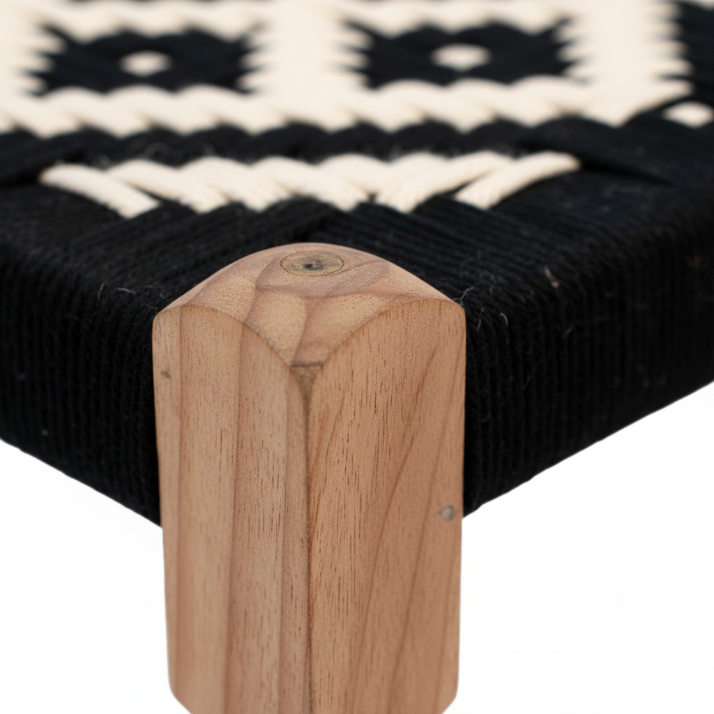 Wooden leg of a piece of furniture against a black and white patterned fabric background