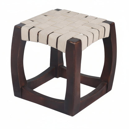Wooden stool with woven seat on a white background