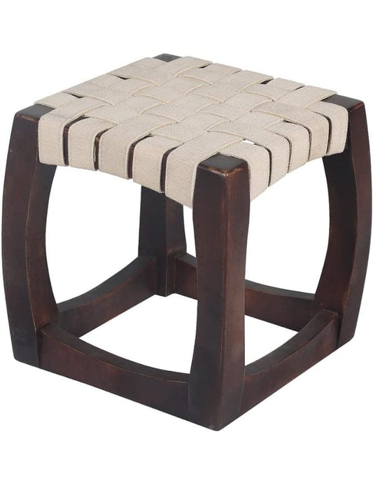 Handcrafted Wooden Mini Stool with Cotton Straps – Brown & Cream