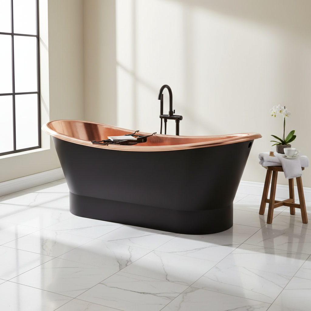 Black freestanding bathtub with copper accents in a modern bathroom.
