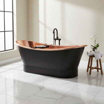 Black freestanding bathtub with copper accents in a modern bathroom.