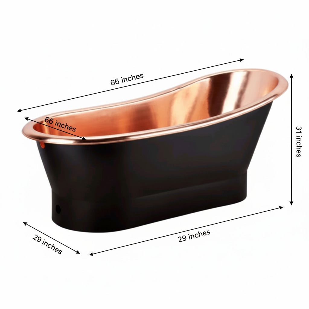 Copper and black freestanding bathtub with dimensions on a white background