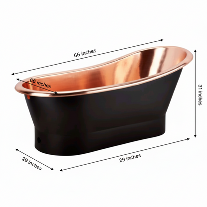 Copper and black freestanding bathtub with dimensions on a white background