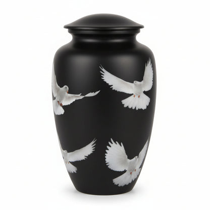 Black urn with white dove designs on a white background