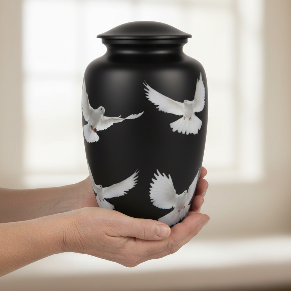 Black urn with white dove designs held by a person against a neutral background
