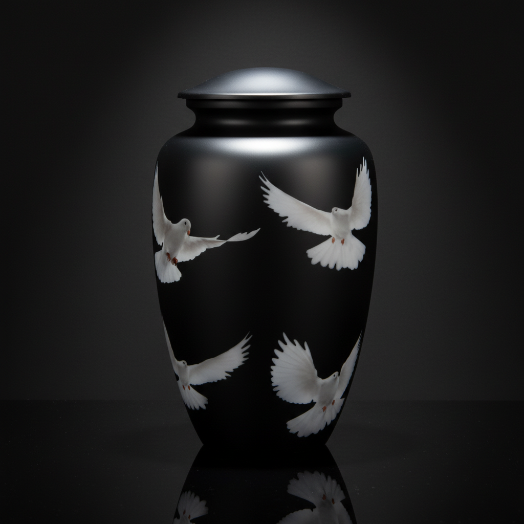 Black urn with white dove designs on a dark background