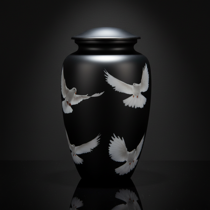 Black urn with white dove designs on a dark background