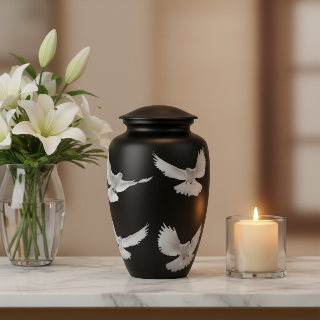 Black urn with white dove design on a marble surface with flowers and a candle.