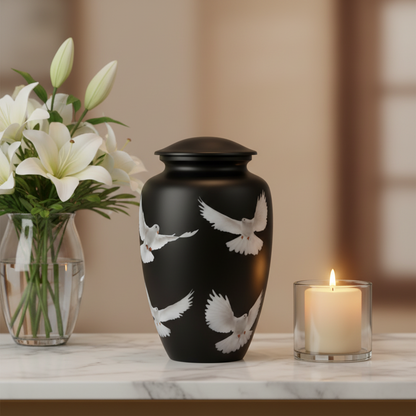 Black urn with white dove design on a marble surface with flowers and a candle.