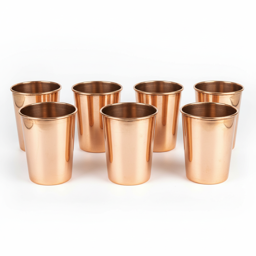 Set of eight copper cups on a white background