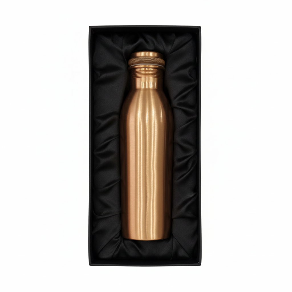 Bronze-colored water bottle in a black box on a white background