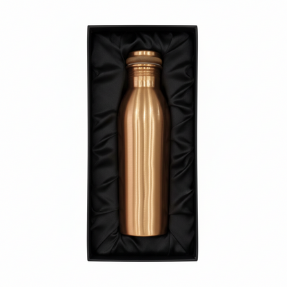 Bronze-colored water bottle in a black box on a white background