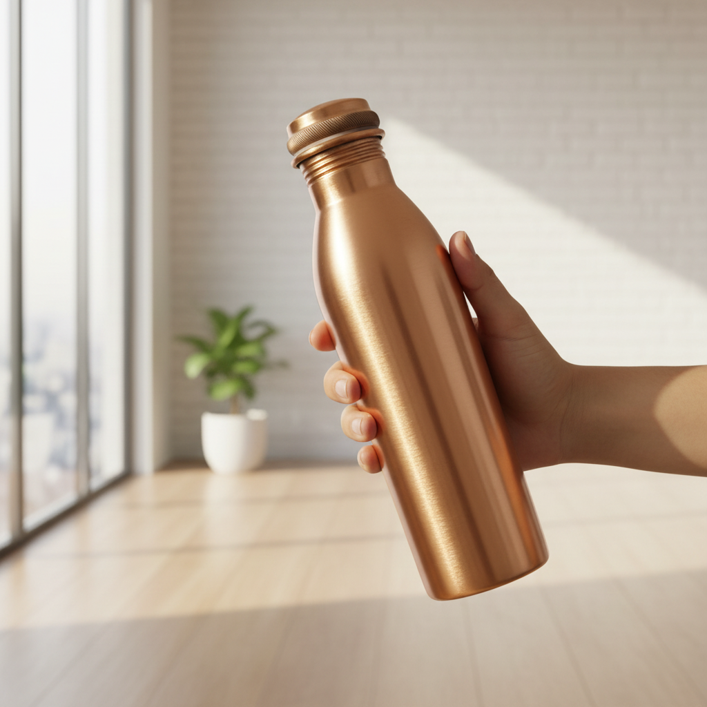 Hand holding a gold-colored water bottle with a blurred indoor background