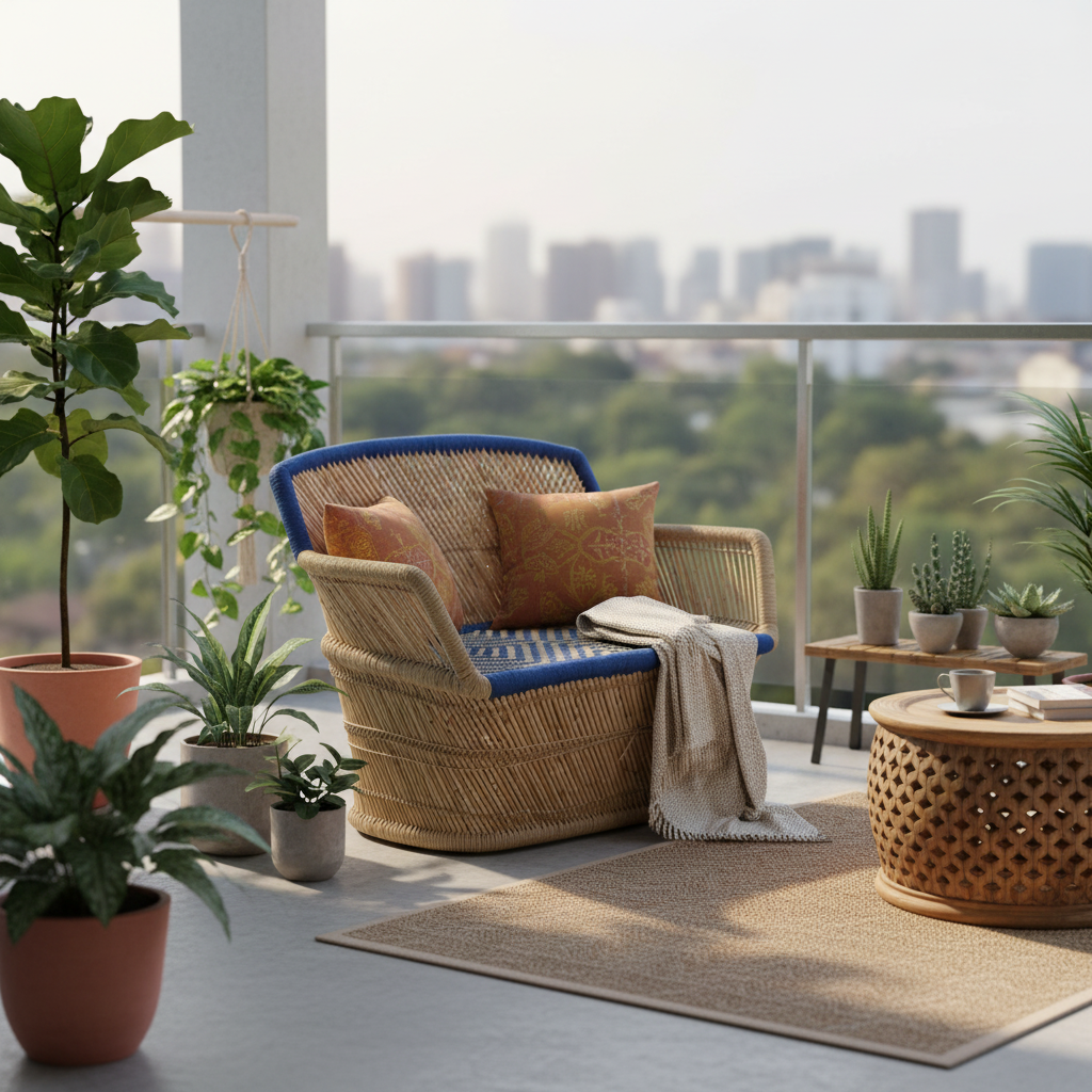 Beige Blue Bamboo Mudda Armrest Sofa