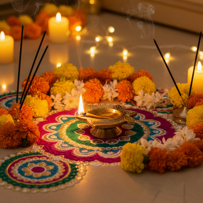 Decorative arrangement with flowers, candles, and a lit oil lamp on a table.