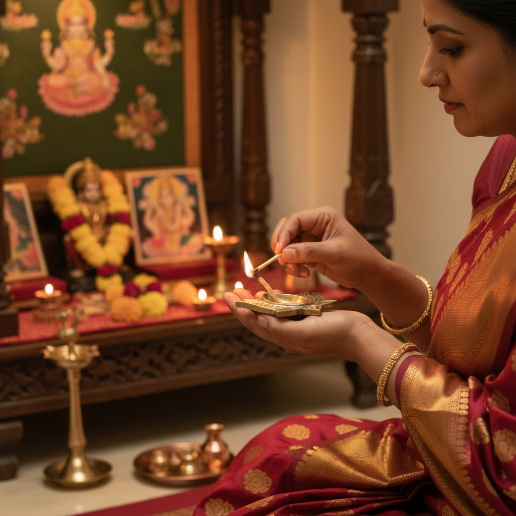 Woman in traditional attire lighting a Diwali lamp in a decorated room.