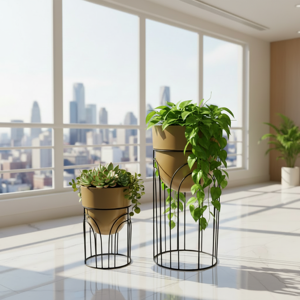 Modern indoor setting with potted plants and a cityscape view through large windows.