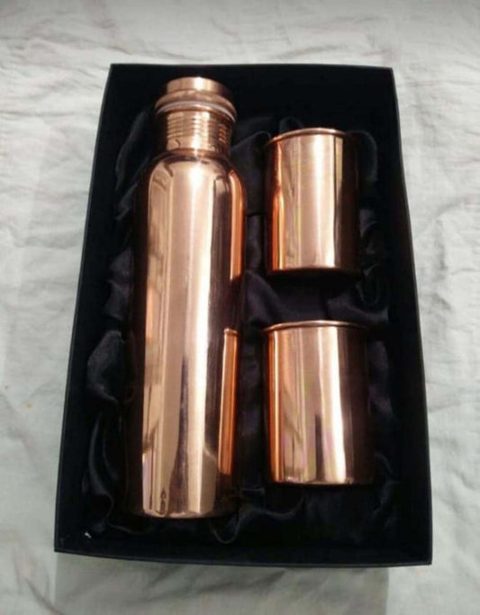 Copper Water Bottle with 2 Glass Set – 1000 ml Bottle + 300 ml Glasses