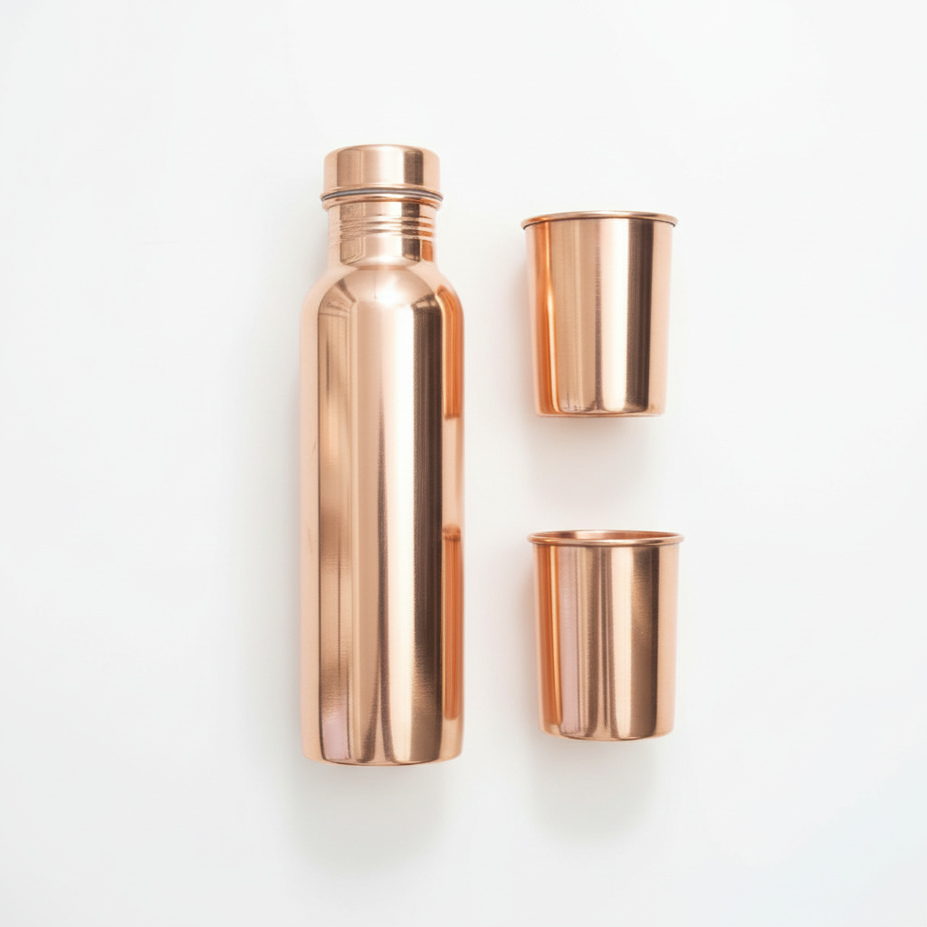 Copper water bottle and two cups on a white background