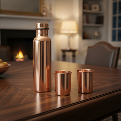 Copper water bottle and two cups on a white background