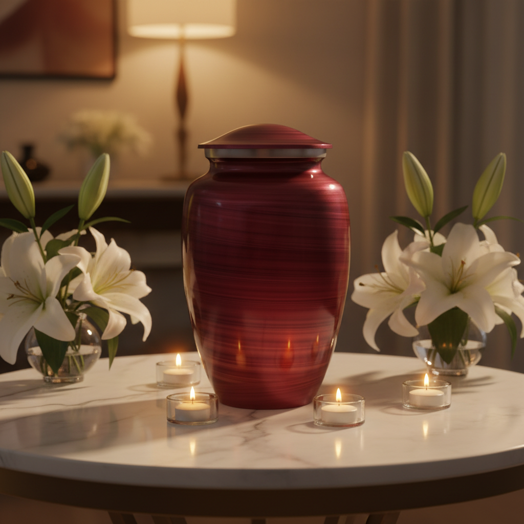 Red urn on a table with white lilies and candles in a dimly lit room