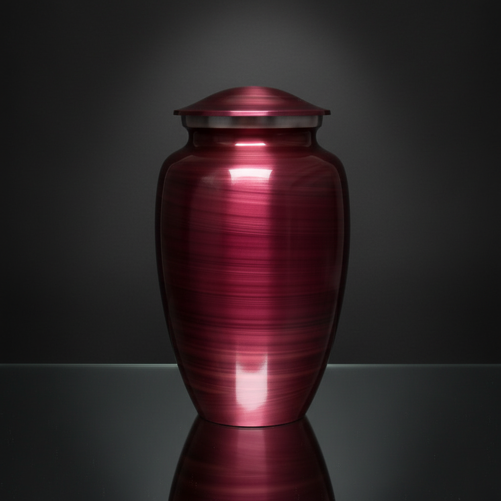 Red urn with a ribbed texture on a white background
