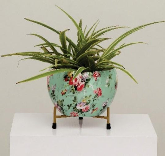 Designer Metal Bowl Planter – 8x8 Inch Multicolour with Golden Stand
