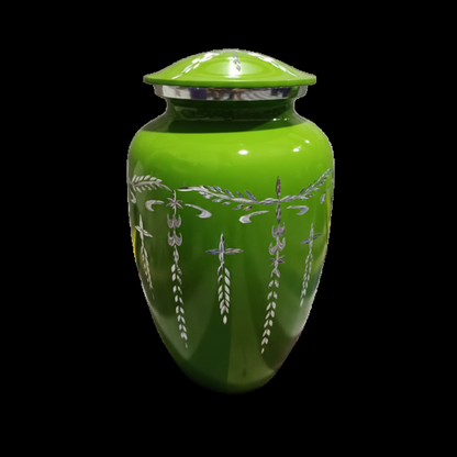 Green urn with silver floral patterns on a white background
