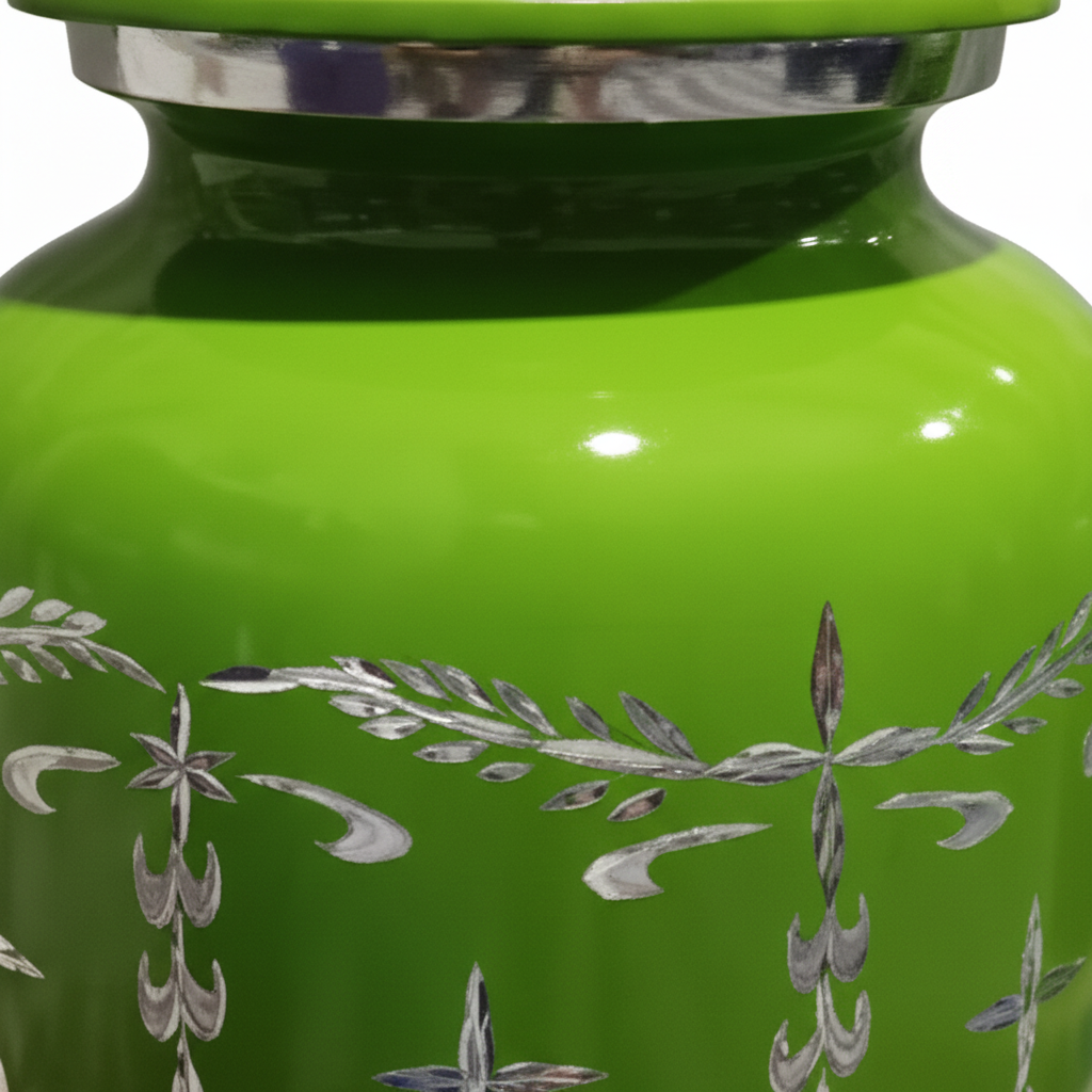 Green urn with silver floral patterns on a white background