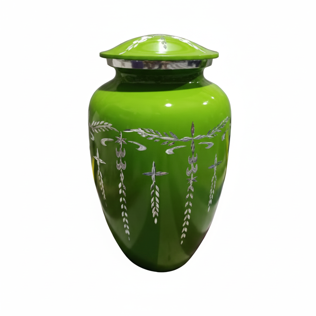 Green urn with decorative patterns on a white background
