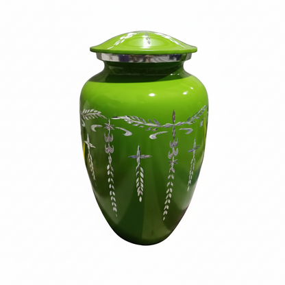 Green urn with decorative patterns on a white background