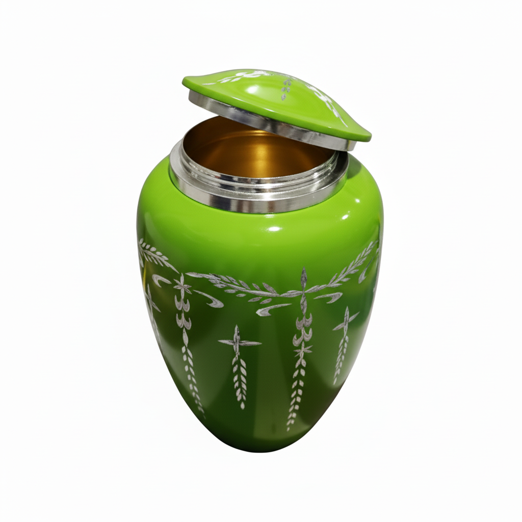 Green urn with decorative patterns on a white background