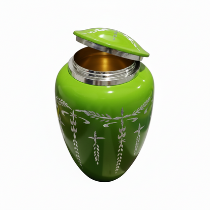 Green urn with decorative patterns on a white background
