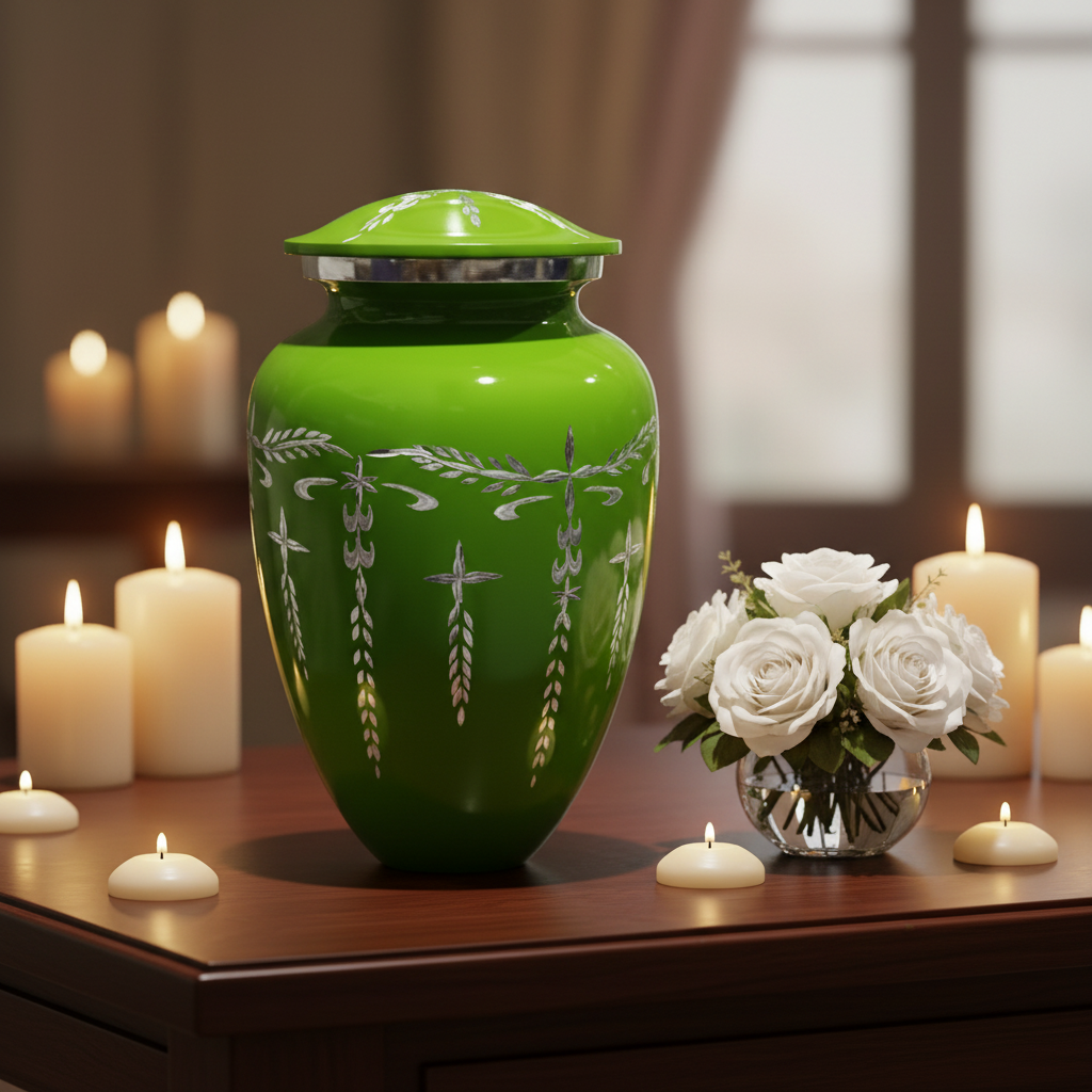 Green urn with decorative patterns on a wooden surface with candles and flowers.