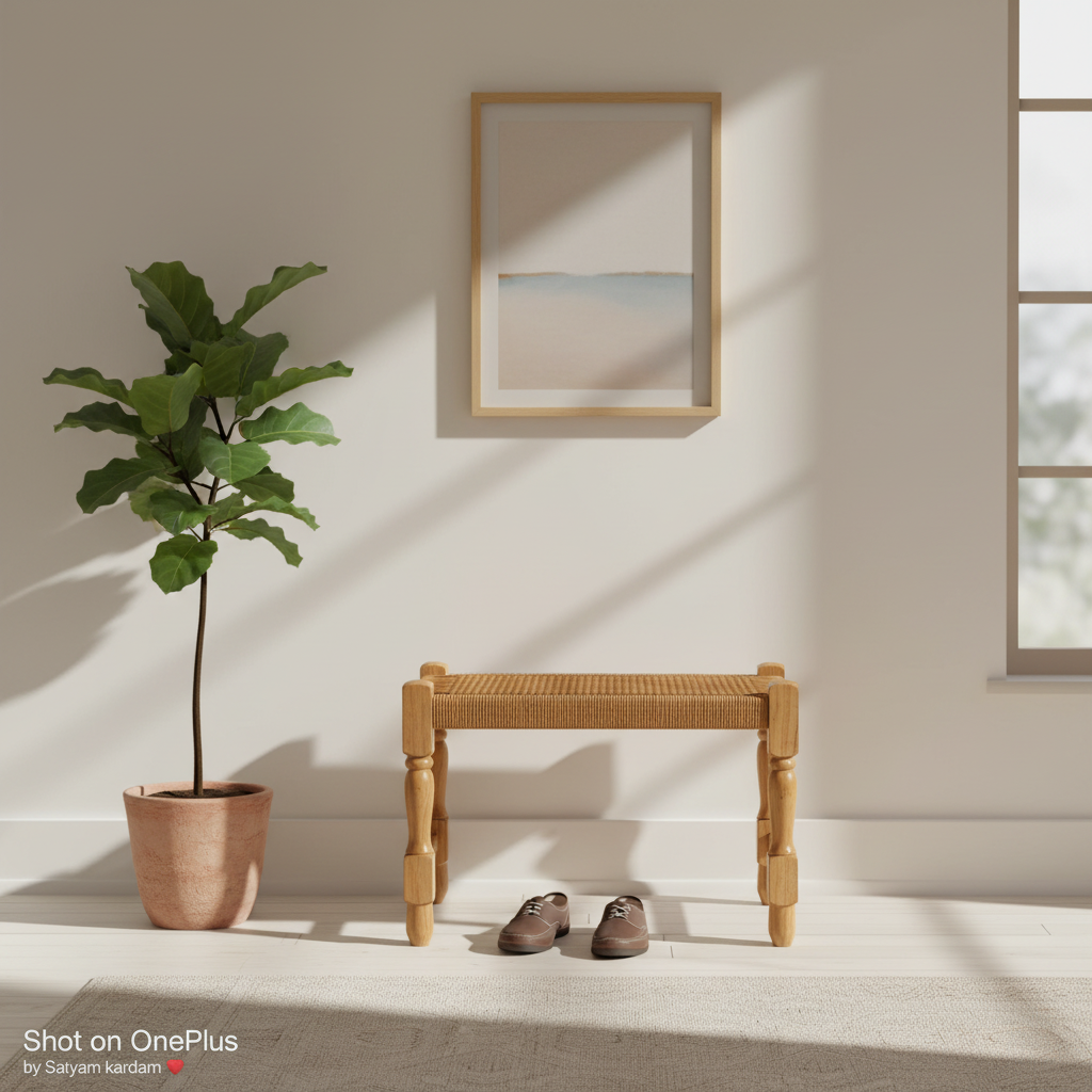 Minimalist interior with a plant, wooden bench, and shoes on a light floor.