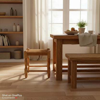 Wooden dining set with table, bench, and stool in a bright room with large windows.