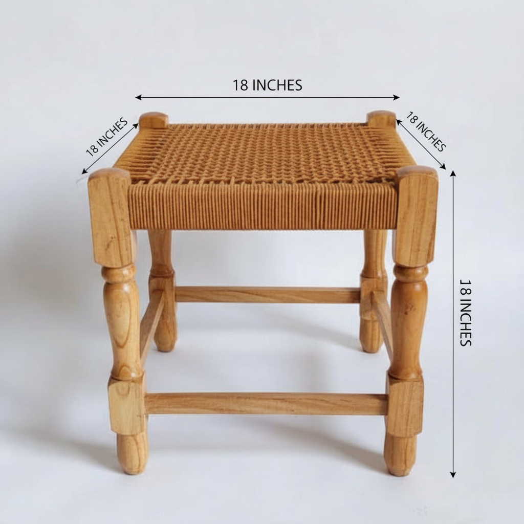 Wooden stool with dimensions labeled on a white background