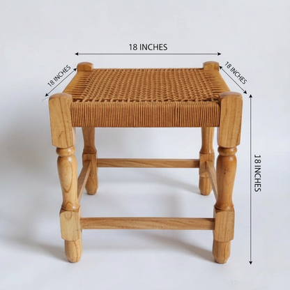 Wooden stool with dimensions labeled on a white background