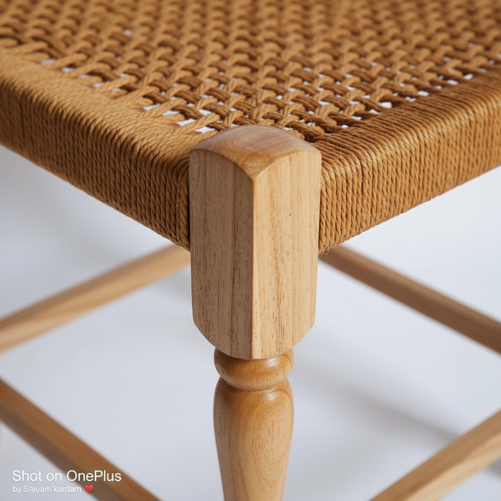 Close-up of a wooden chair with woven seat on a white background