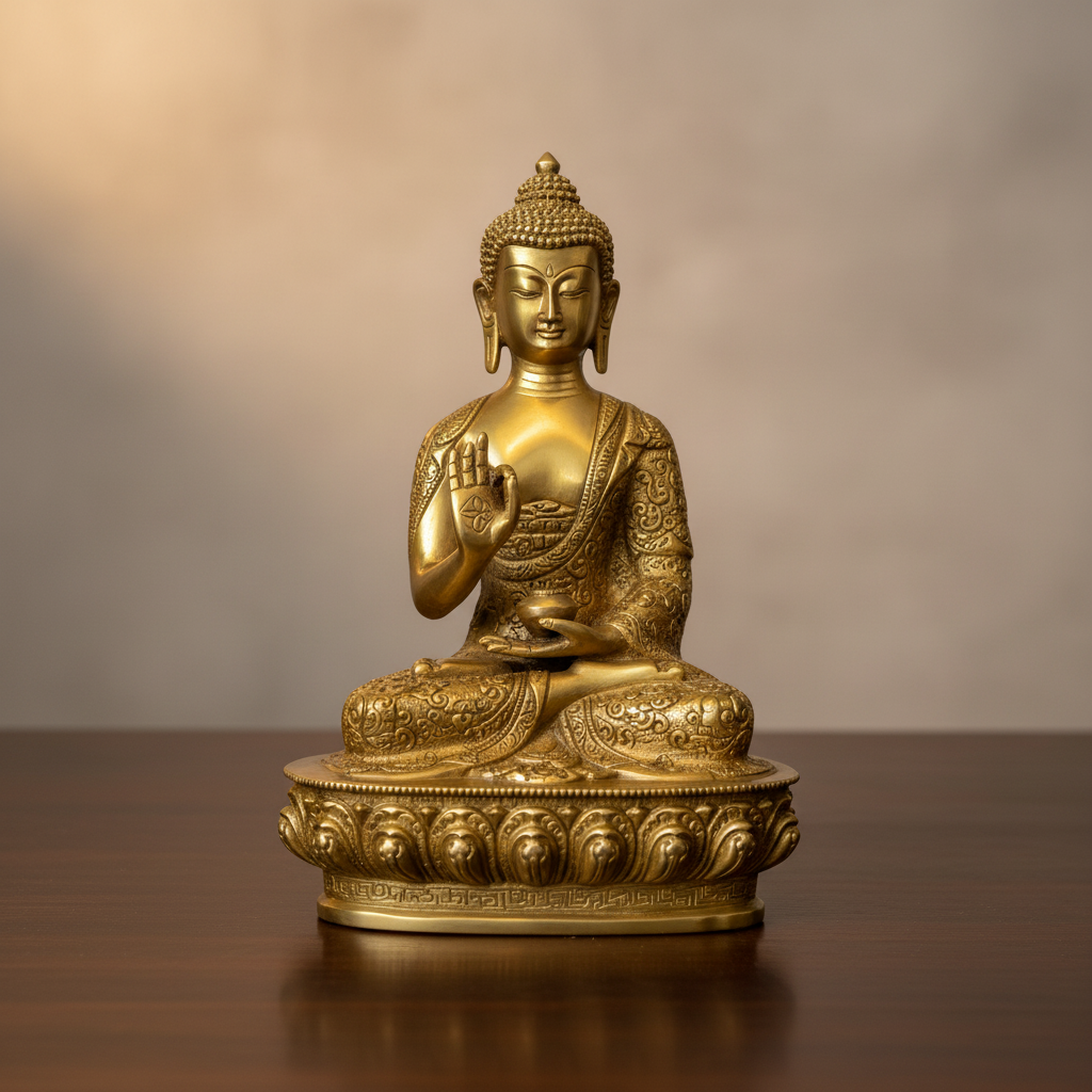 Gold-colored Buddha statue on a white background