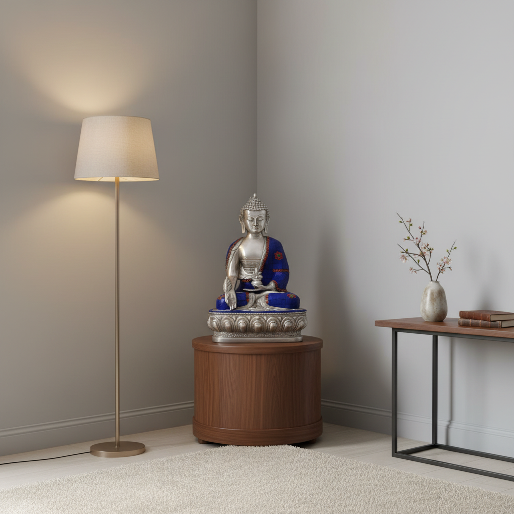 Buddha statue on a wooden table in a room with a lamp and small table.