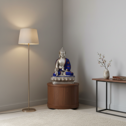 Buddha statue on a wooden table in a room with a lamp and small table.