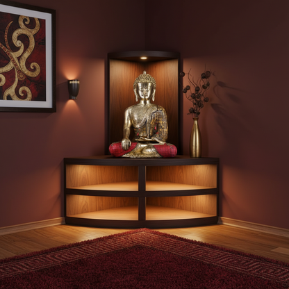 Decorative room with Buddha statue on a wooden shelf, framed artwork, and wall sconce.