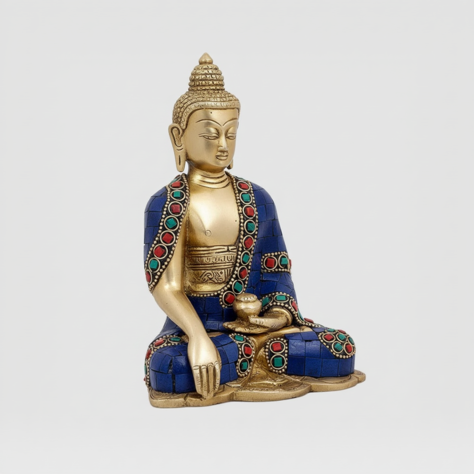 Decorative Buddha statue with blue and gold colors on a white background