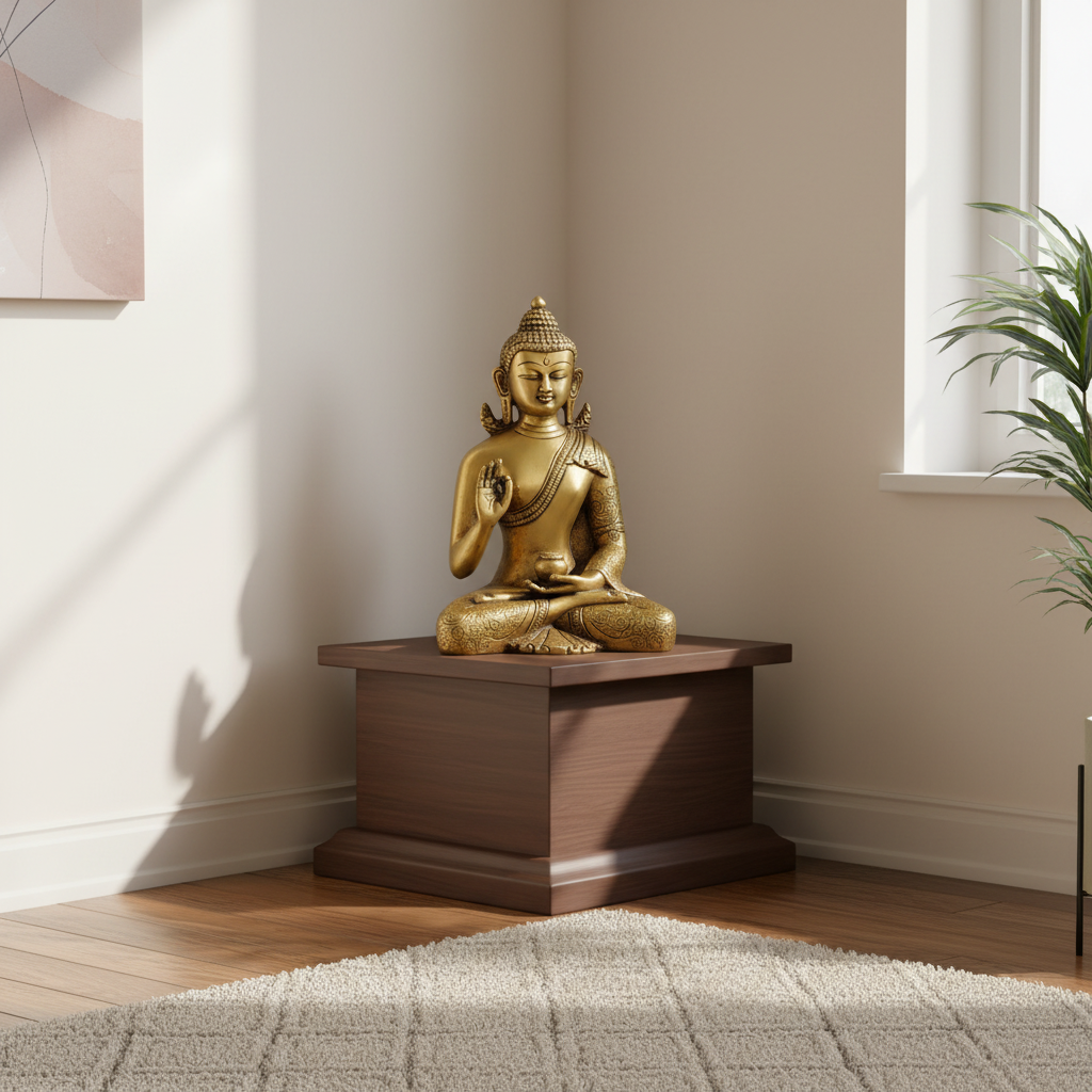 Gold Buddha statue on a wooden pedestal in a room with a plant and window.