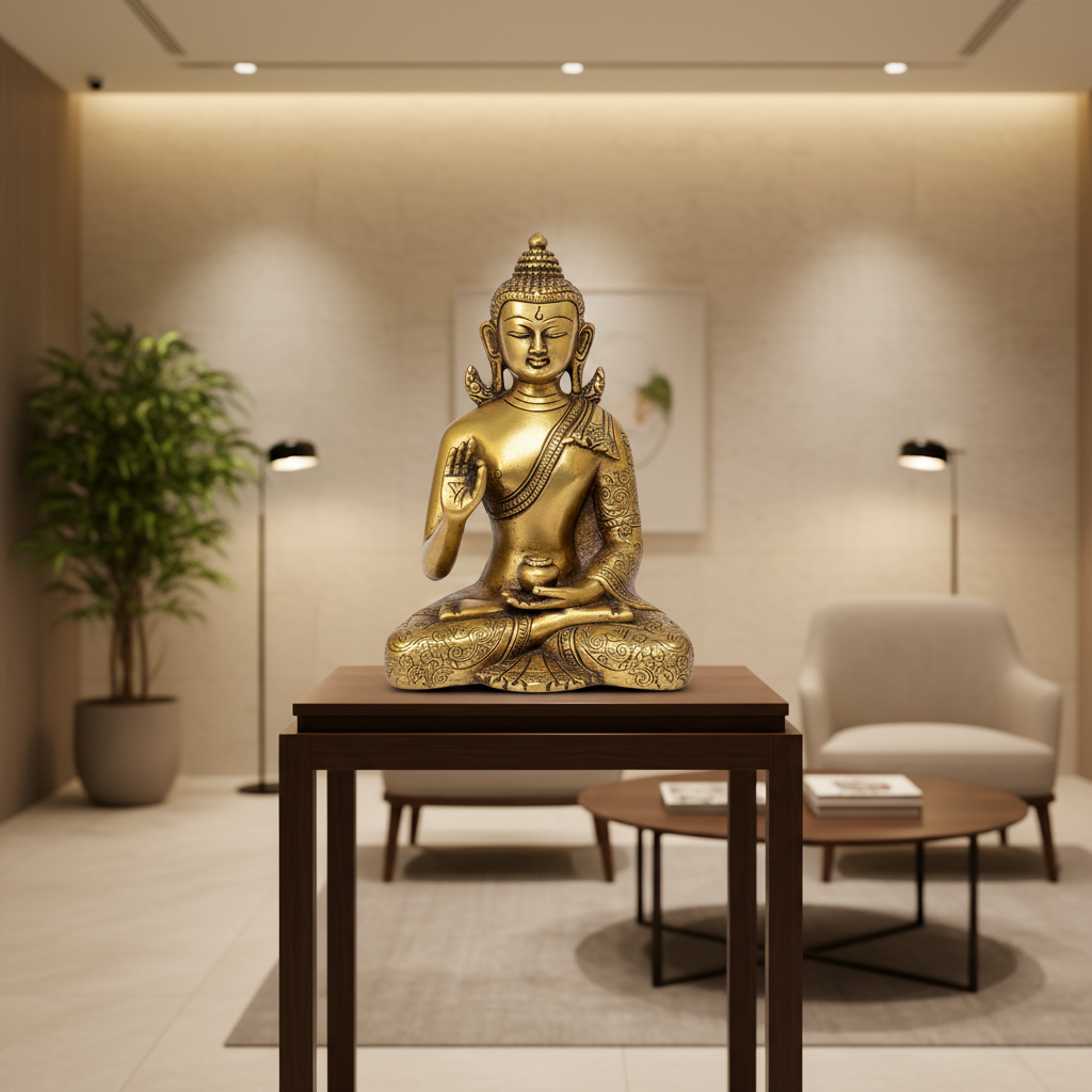 Gold Buddha statue on a wooden table in a modern living room.