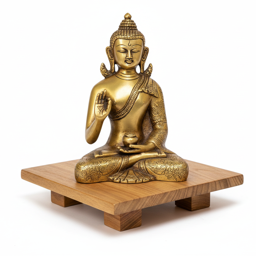 Gold Buddha statue on a wooden platform with a white background